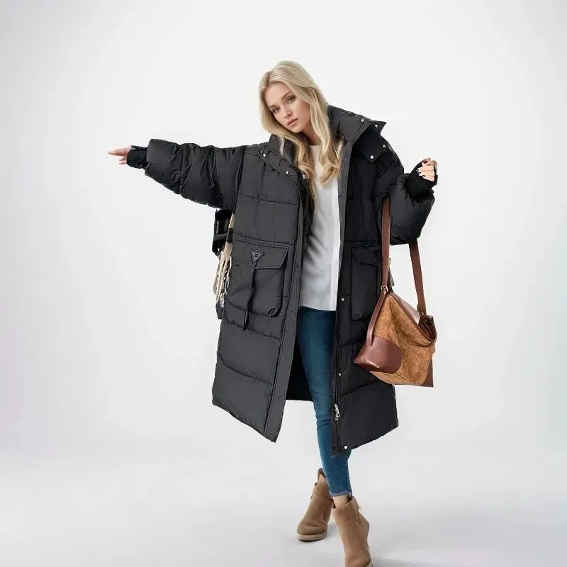 2024 Autumn Winter Women Long Parkas Jackets Down Cotton Padded Thickened Overknee Loose Casual Warm Hooded Puffer Coats Female