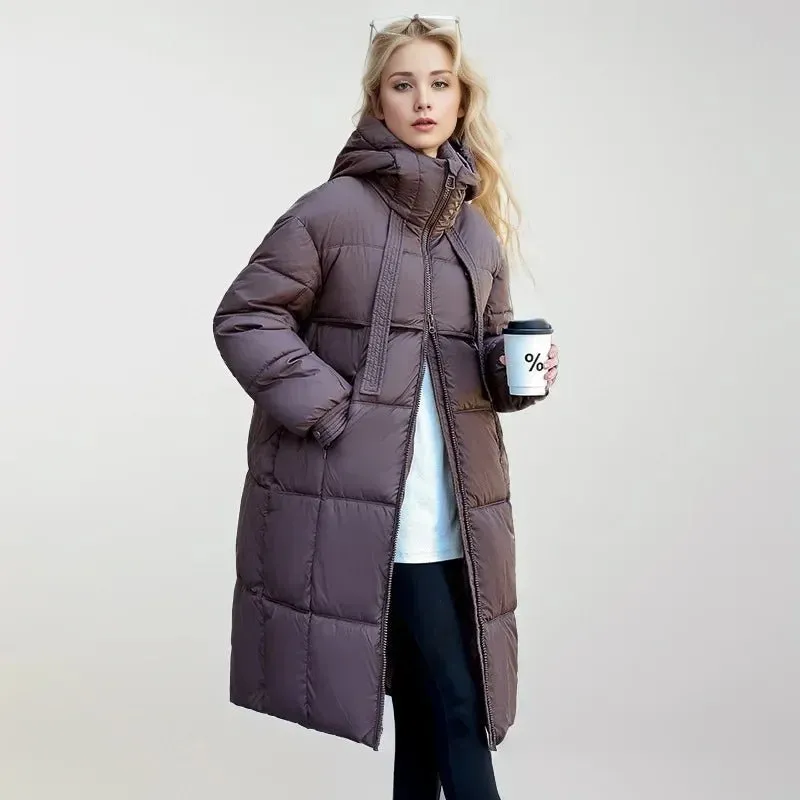 2024 Winter-Daunenjacken, neu für Damen, die Midi-Länge ist intelligent, lässig, einfarbig, mit Kapuze, lockere, verdickte, kältebeständige Jacke