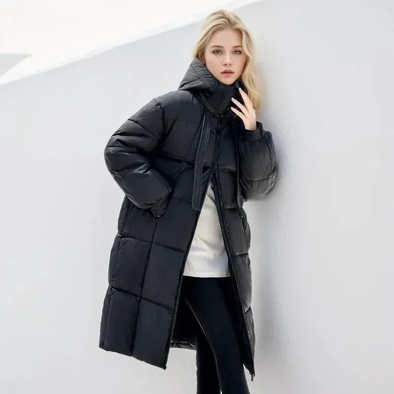 2024 Winter-Daunenjacken, neu für Damen, die Midi-Länge ist intelligent, lässig, einfarbig, mit Kapuze, lockere, verdickte, kältebeständige Jacke