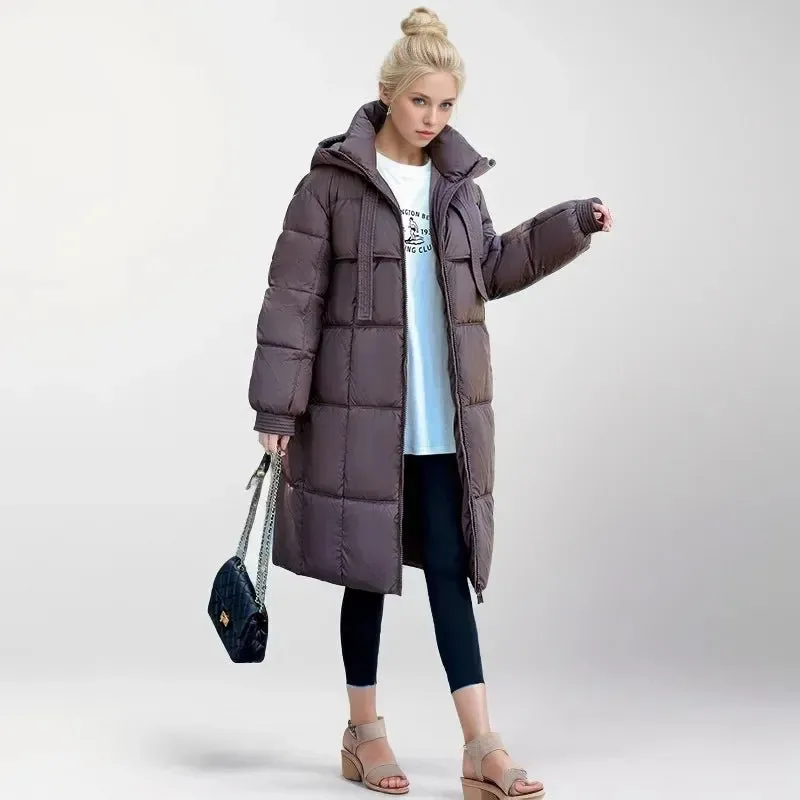 2024 Winter-Daunenjacken, neu für Damen, die Midi-Länge ist intelligent, lässig, einfarbig, mit Kapuze, lockere, verdickte, kältebeständige Jacke