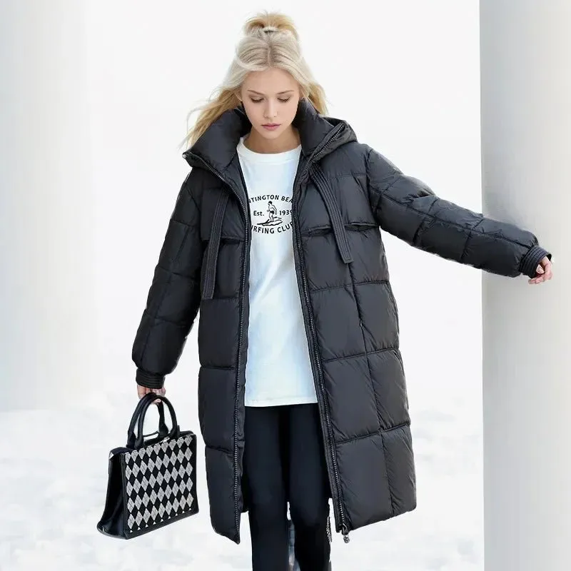 2024 Winter-Daunenjacken, neu für Damen, die Midi-Länge ist intelligent, lässig, einfarbig, mit Kapuze, lockere, verdickte, kältebeständige Jacke