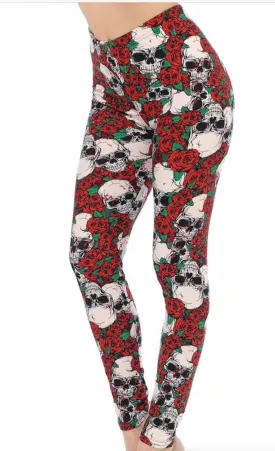 3X4X SKULL & RED ROSES Print Ankle PLUS Size Leggings