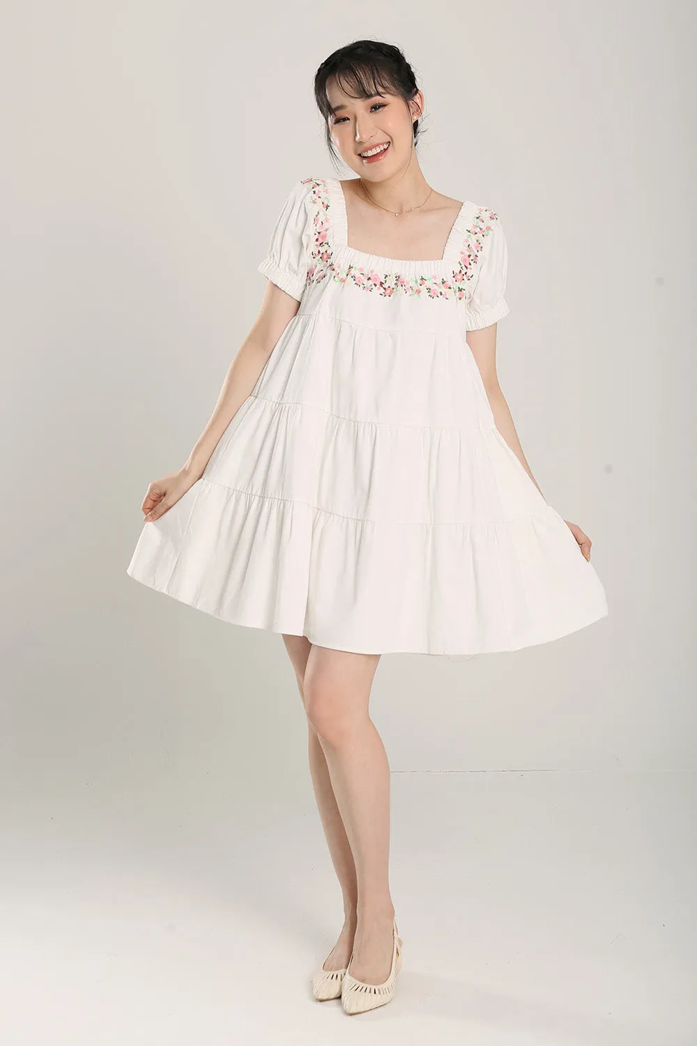 Aleeza Embroidered White Denim Dress
