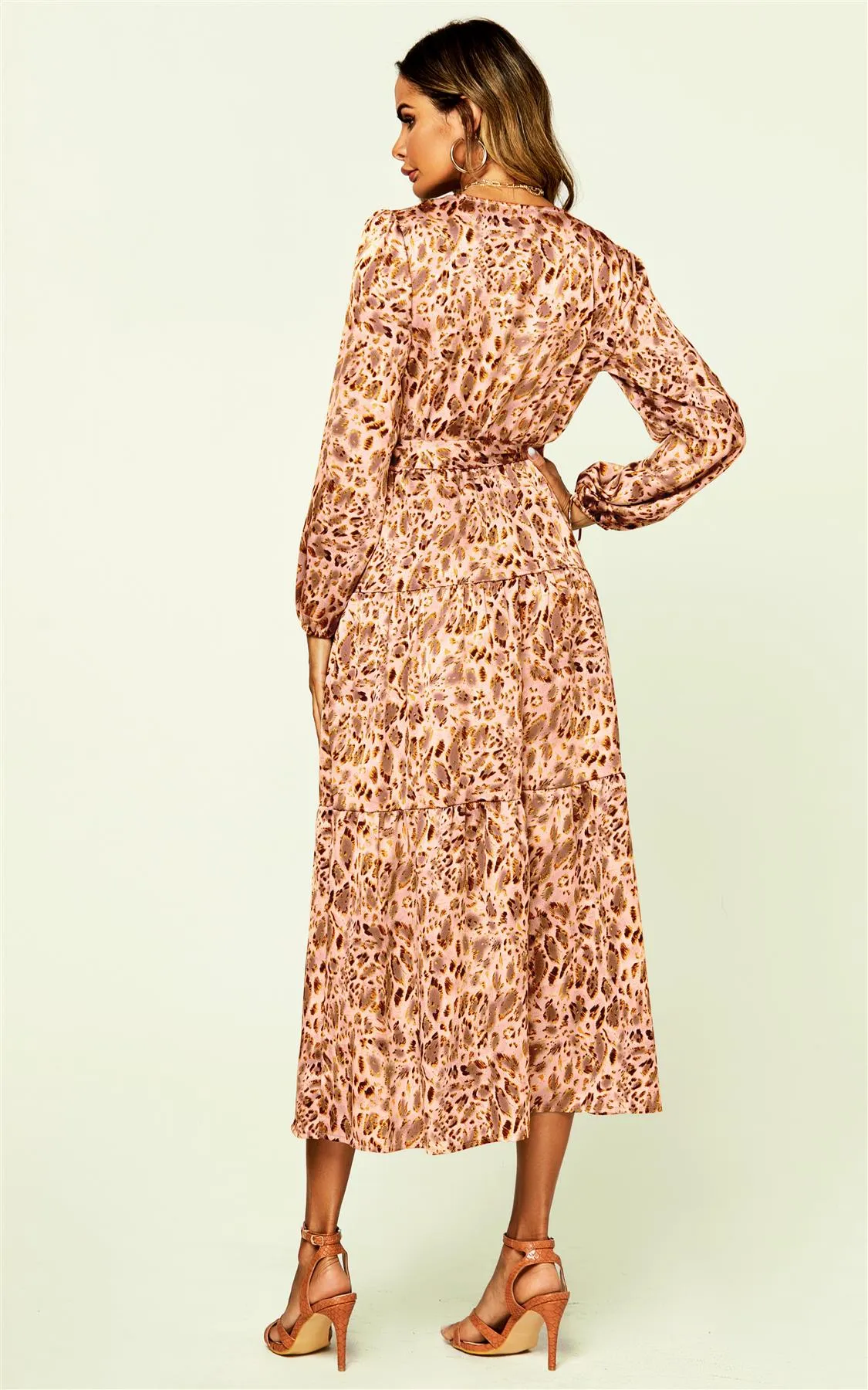 Animal Print Long Sleeve Wrap Dress In Nude Brown