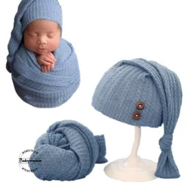 Babymoon Stretchable Baby Wrap & Knotty Cap New Born Photography Photoshoot Prop-Blue