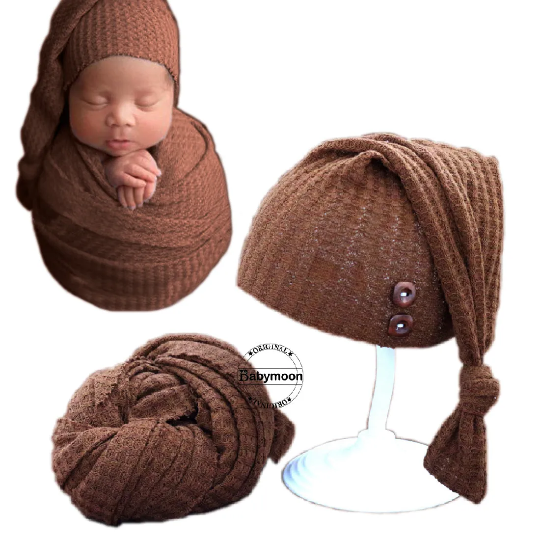 Babymoon Stretchable Baby Wrap & Knotty Cap New Born Photography Photoshoot Prop-Brown