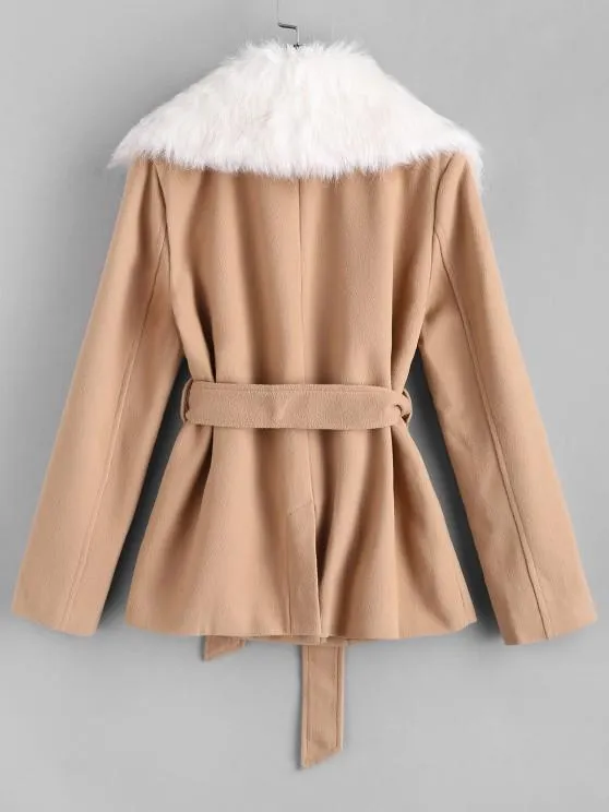 Belted Fur Collar Wool Blend Peacoat for Women