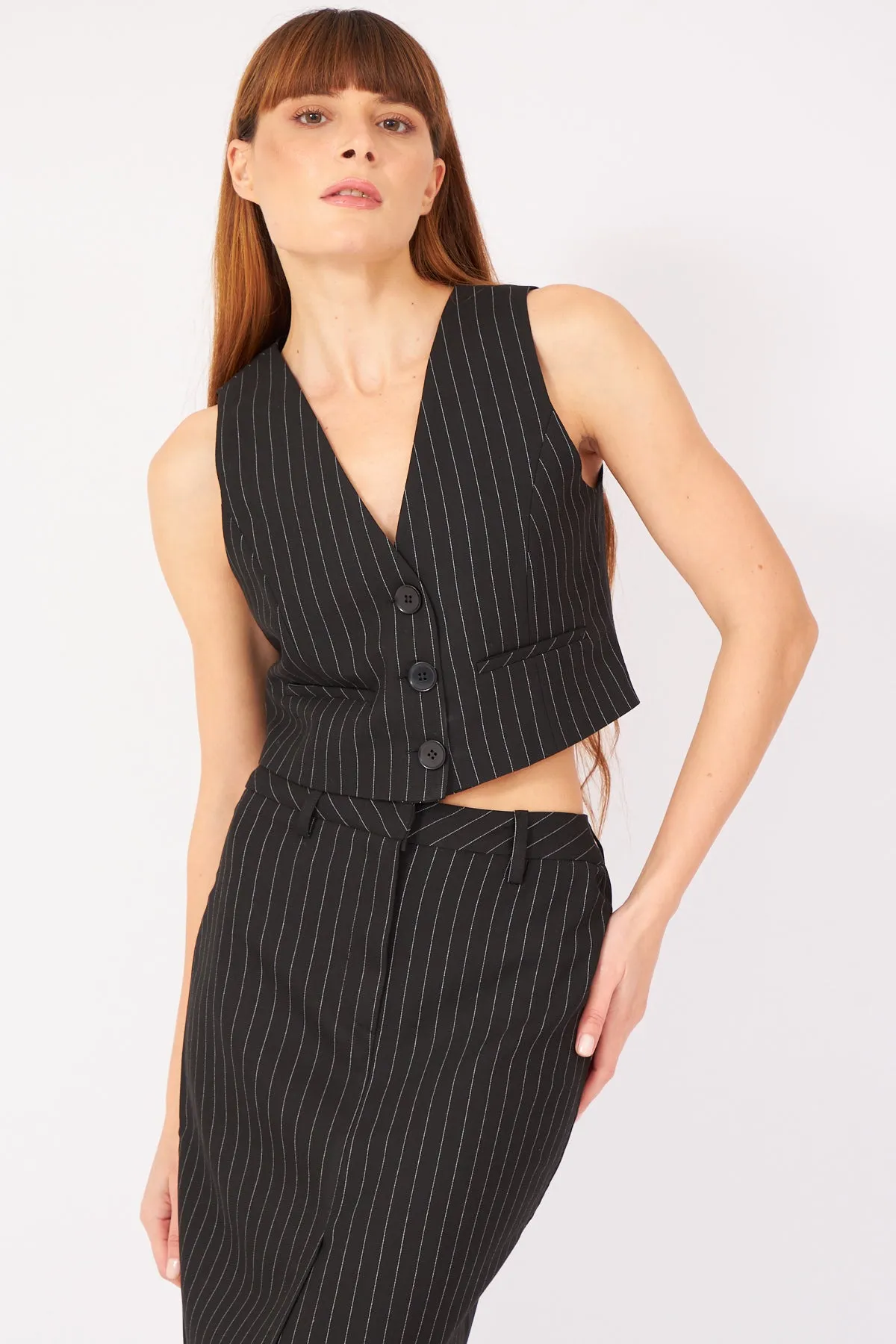 Black Striped Premium Vest Skirt Suit