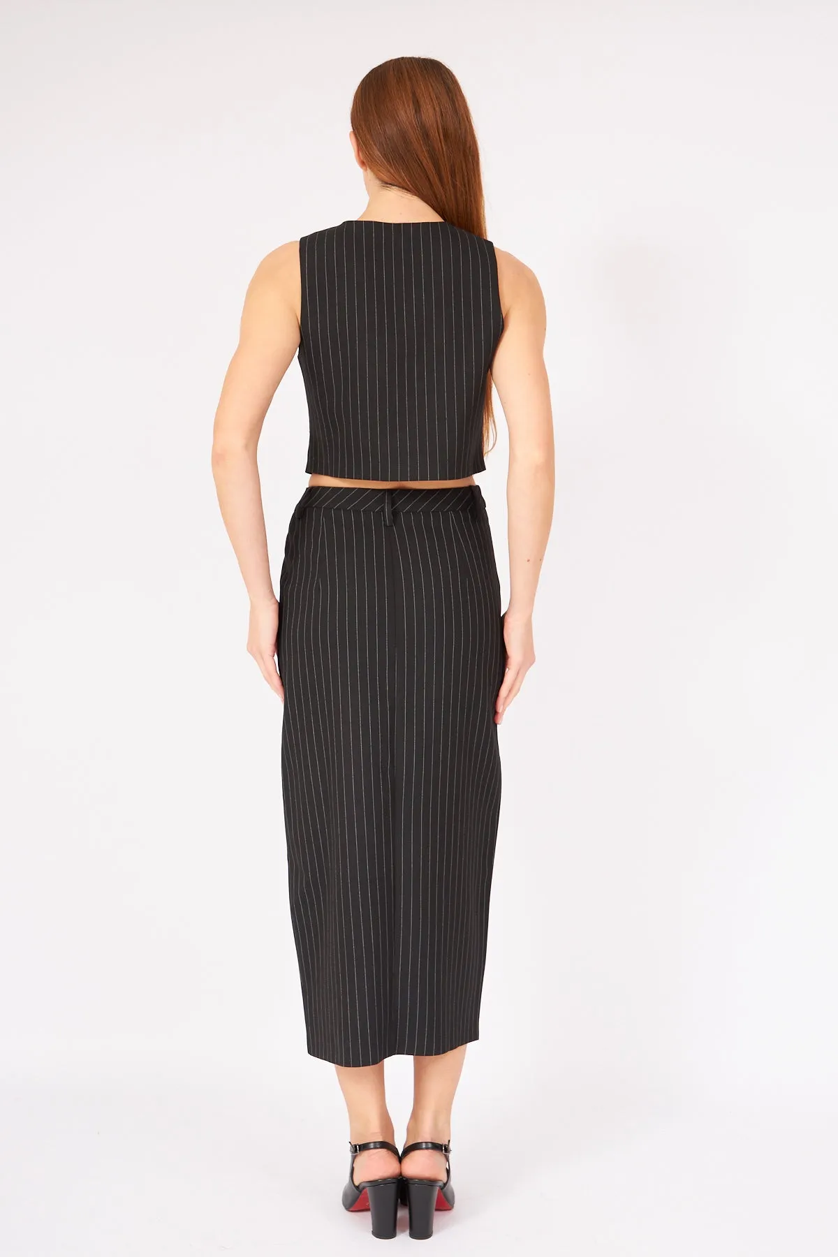 Black Striped Premium Vest Skirt Suit