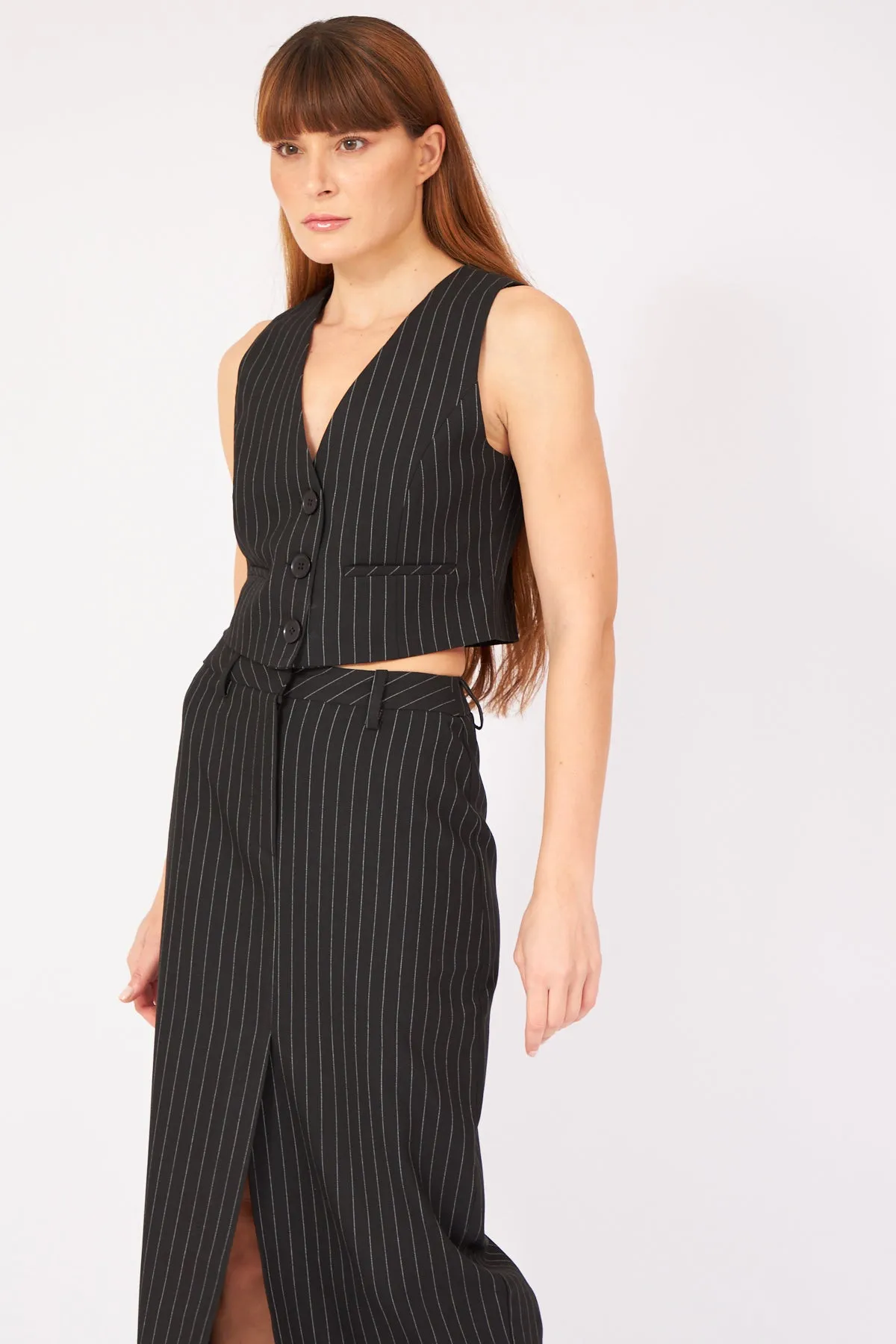 Black Striped Premium Vest Skirt Suit