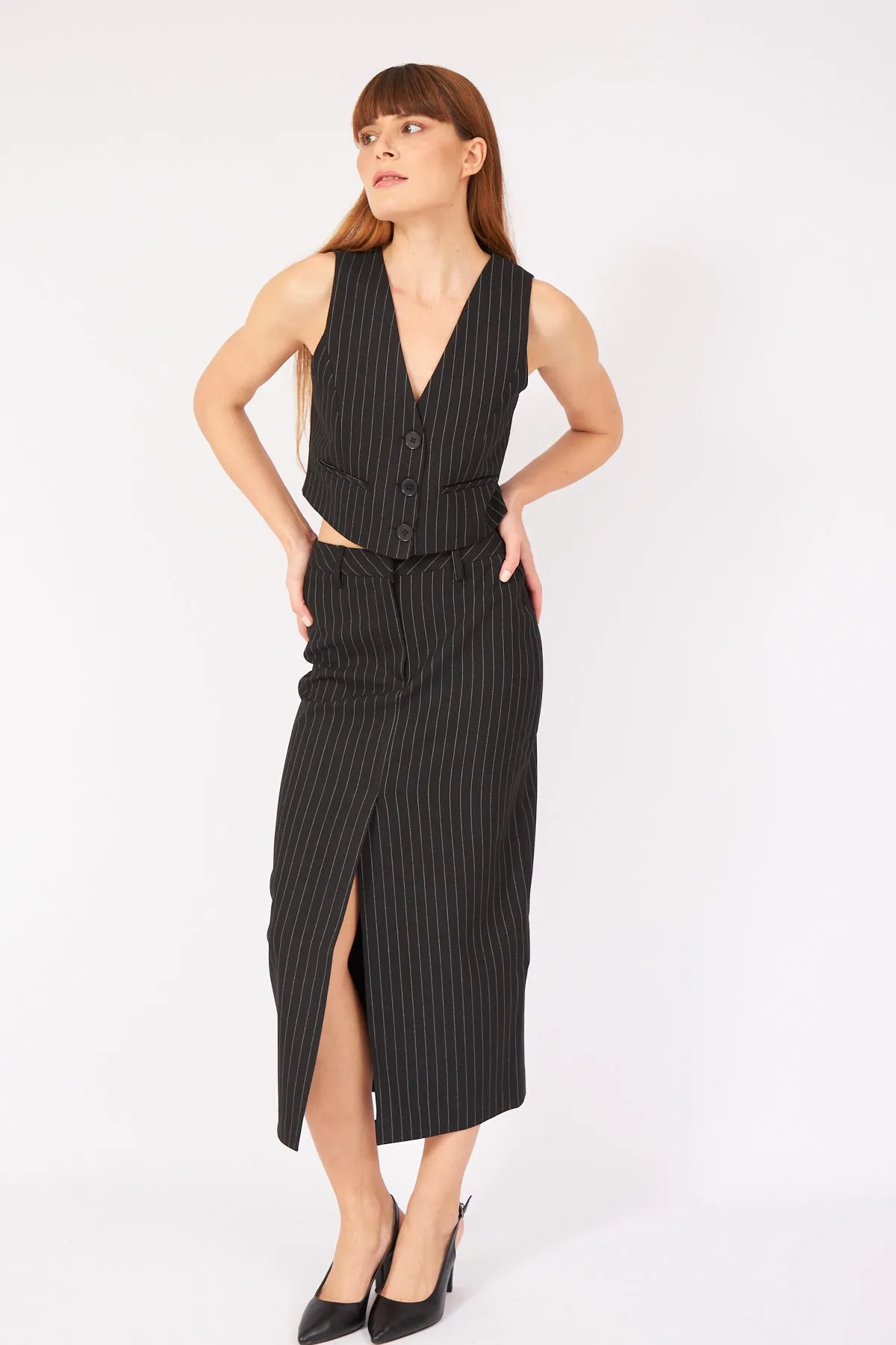 Black Striped Premium Vest Skirt Suit
