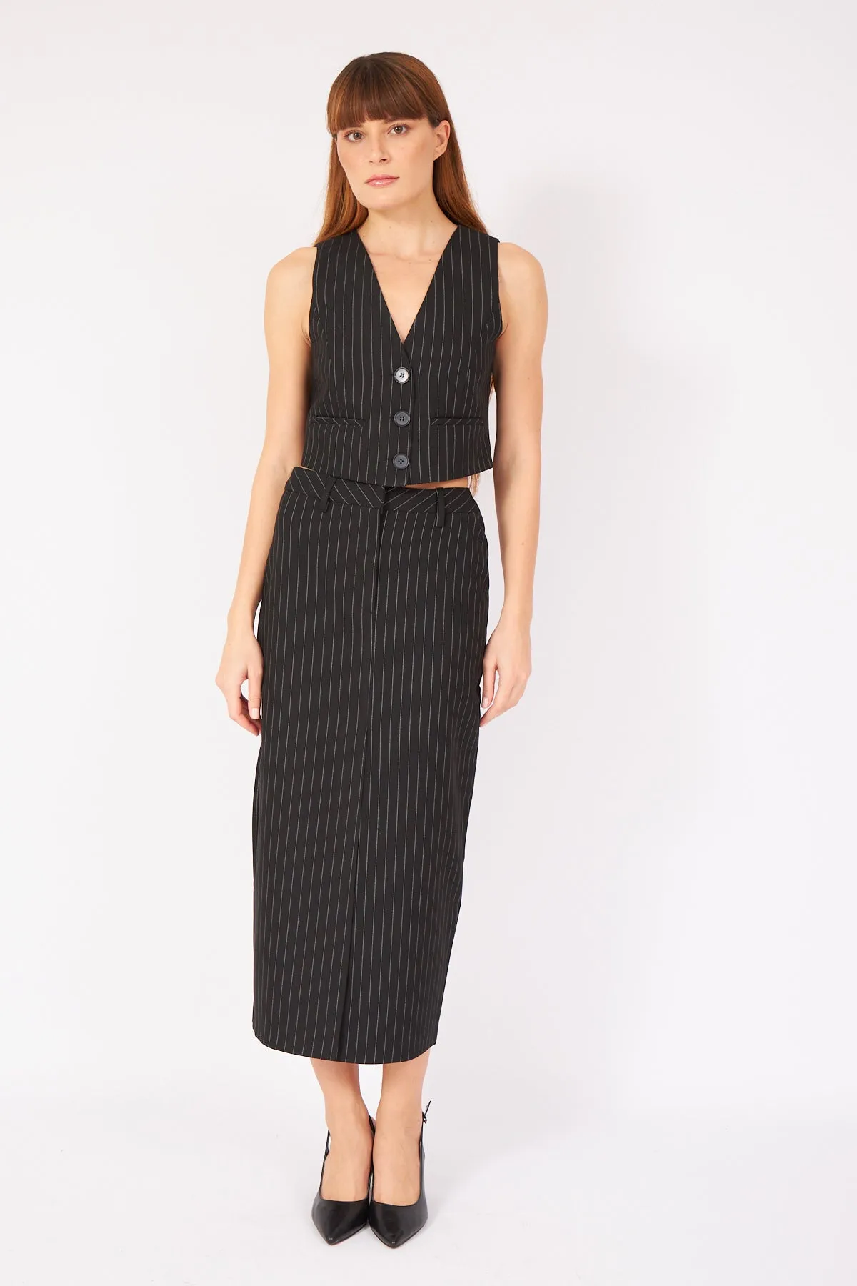 Black Striped Premium Vest Skirt Suit