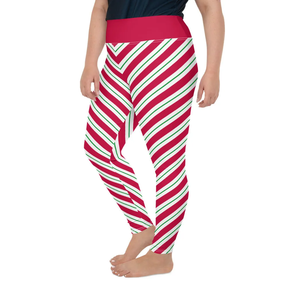 Candy Cane Plus Size Christmas Leggings, Holiday Printed Elf Santa Xmas Red White Green Striped High Waisted Rise Workout Yoga Pants (2-6XL)