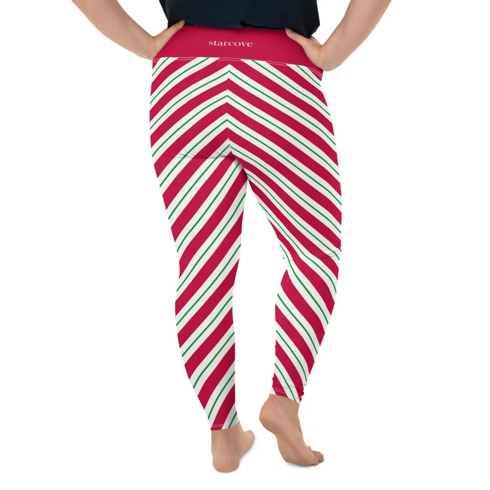 Candy Cane Plus Size Christmas Leggings, Holiday Printed Elf Santa Xmas Red White Green Striped High Waisted Rise Workout Yoga Pants (2-6XL)