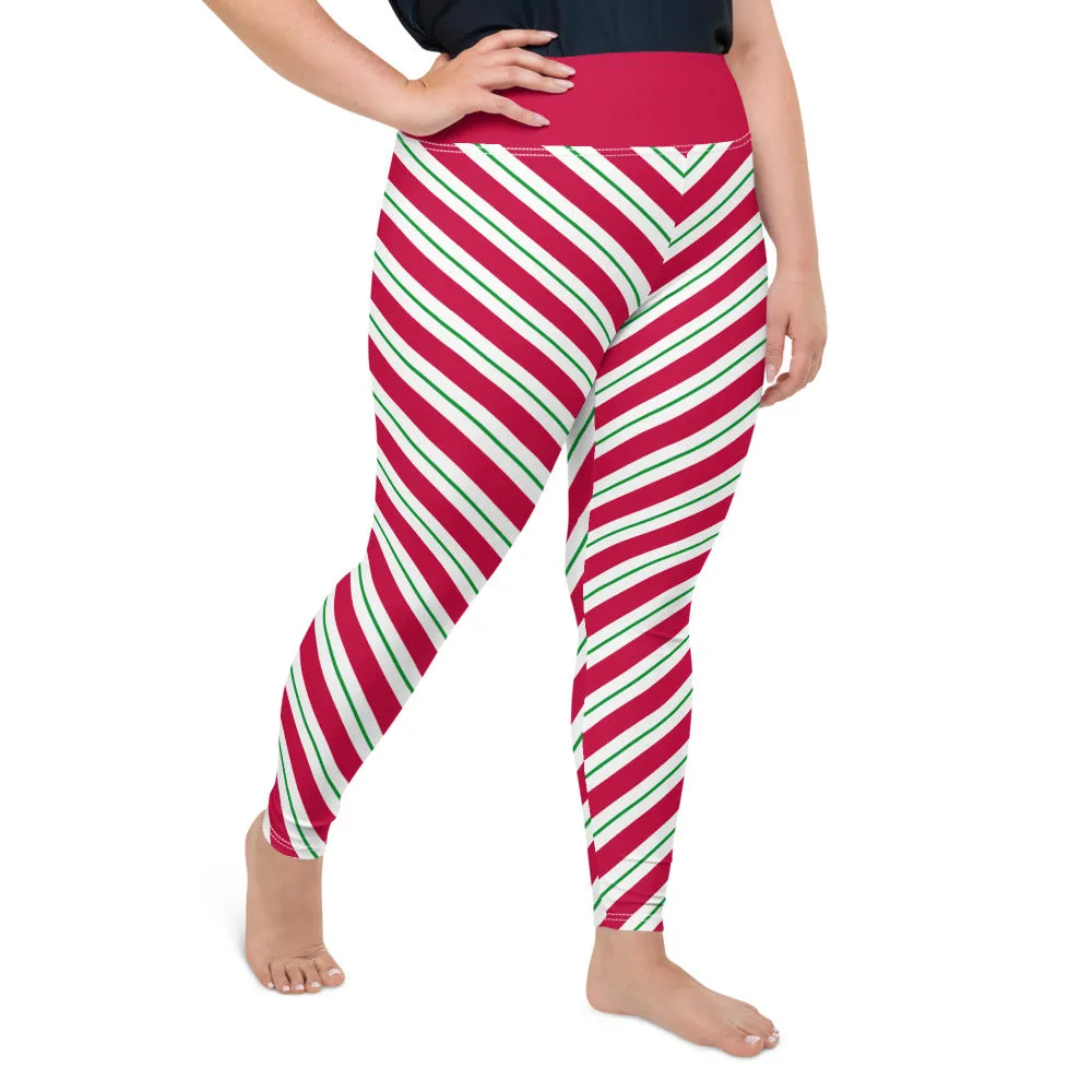 Candy Cane Plus Size Christmas Leggings, Holiday Printed Elf Santa Xmas Red White Green Striped High Waisted Rise Workout Yoga Pants (2-6XL)