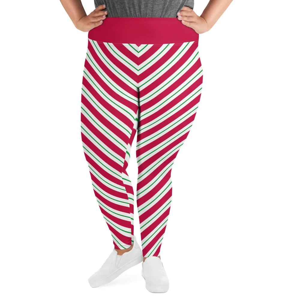 Candy Cane Plus Size Christmas Leggings, Holiday Printed Elf Santa Xmas Red White Green Striped High Waisted Rise Workout Yoga Pants (2-6XL)
