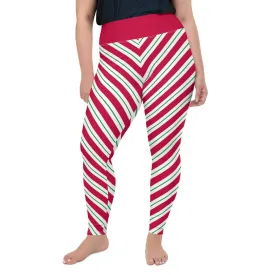 Candy Cane Plus Size Christmas Leggings, Holiday Printed Elf Santa Xmas Red White Green Striped High Waisted Rise Workout Yoga Pants (2-6XL)