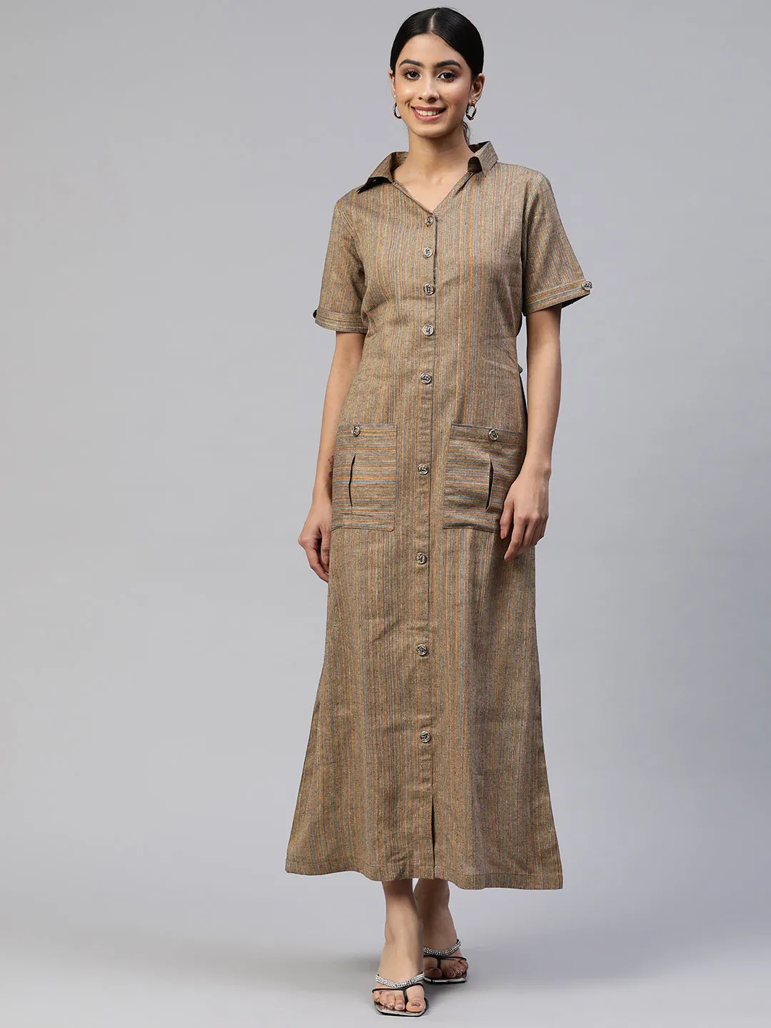 Cottinfab Striped Shirt Maxi Shirt Dress