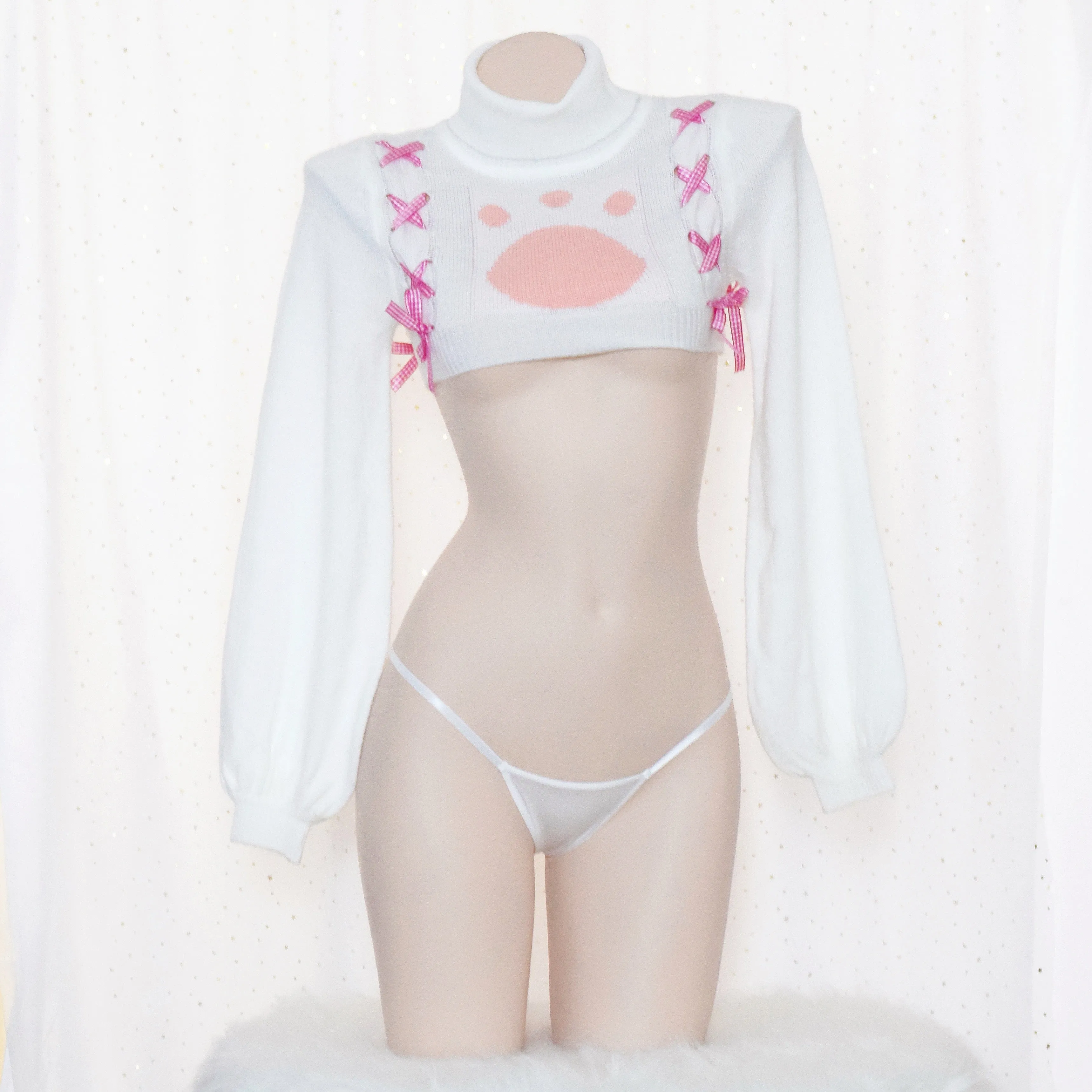 Cute Cat Paw Crop Sweater with Pink Ribbon Detail