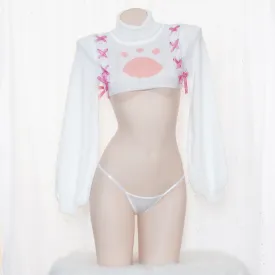Cute Cat Paw Crop Sweater with Pink Ribbon Detail