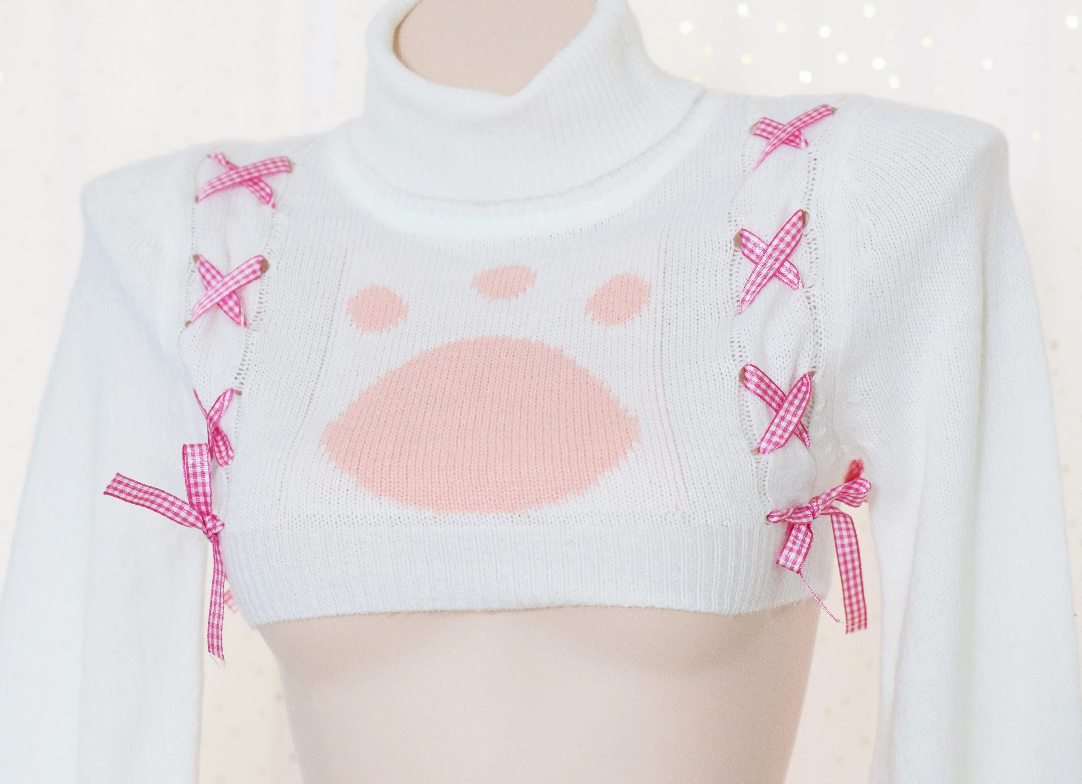 Cute Cat Paw Crop Sweater with Pink Ribbon Detail