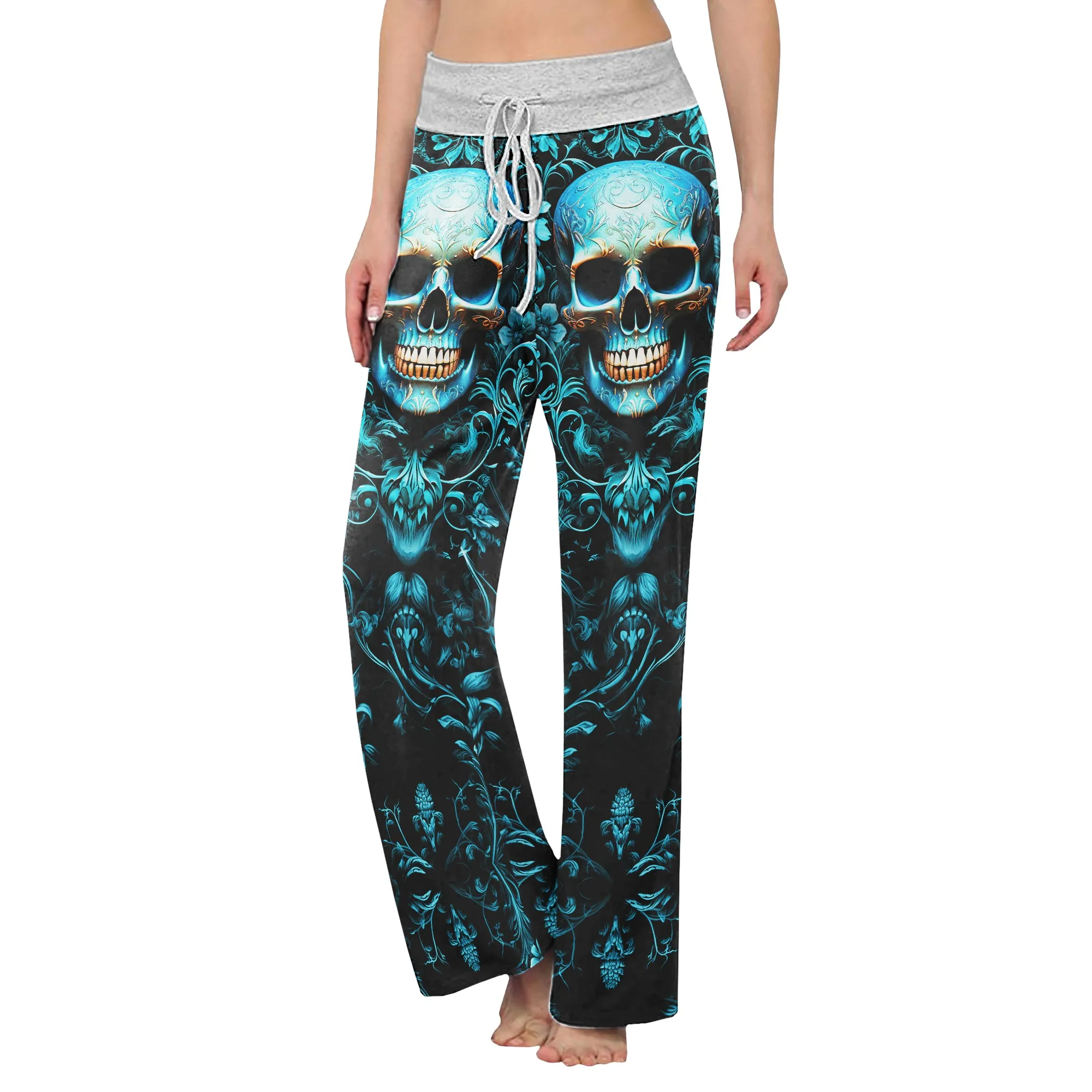 Cyan Skull Floral Gothic Women's High-waisted Wide Leg Pants