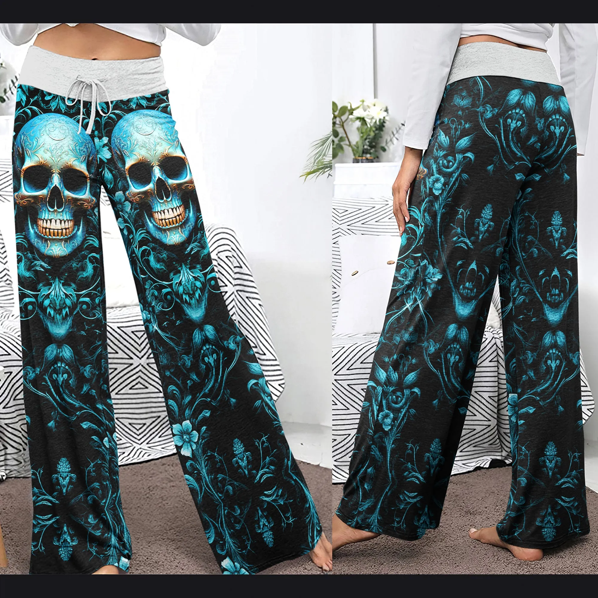 Cyan Skull Floral Gothic Women's High-waisted Wide Leg Pants