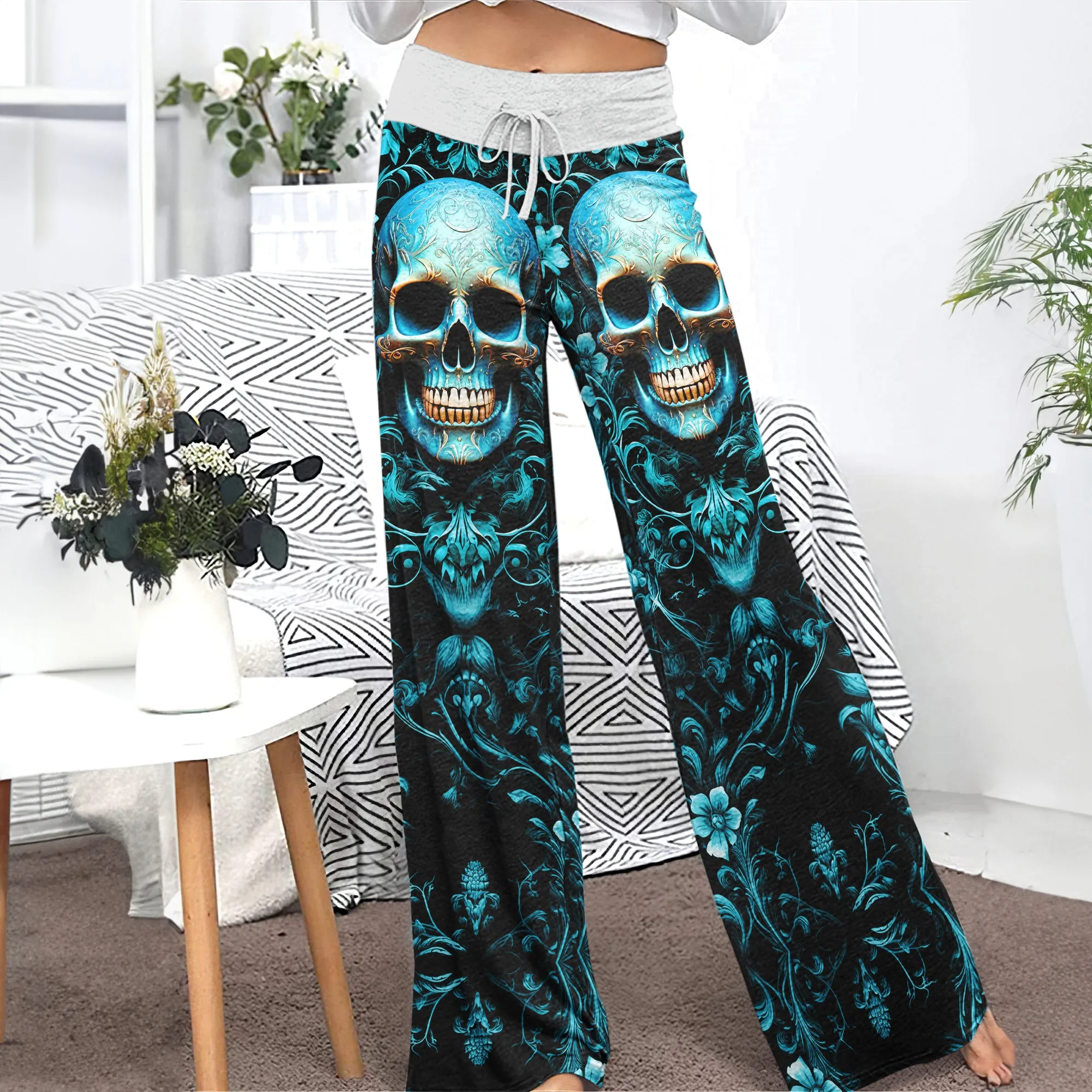 Cyan Skull Floral Gothic Women's High-waisted Wide Leg Pants