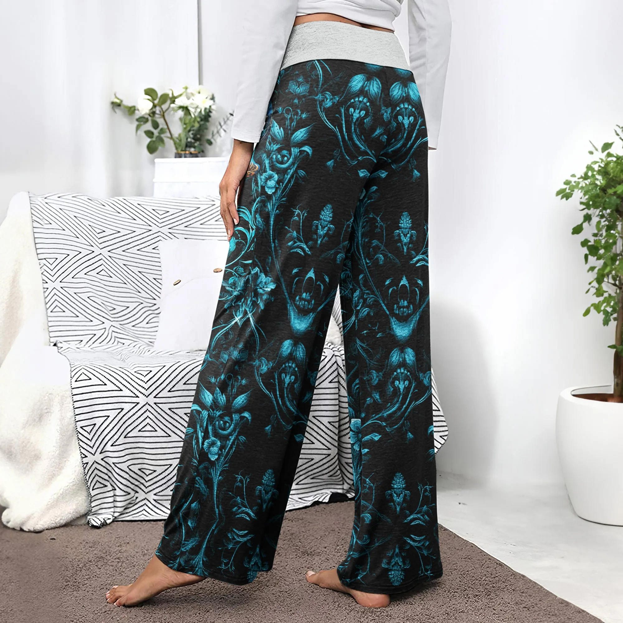 Cyan Skull Floral Gothic Women's High-waisted Wide Leg Pants