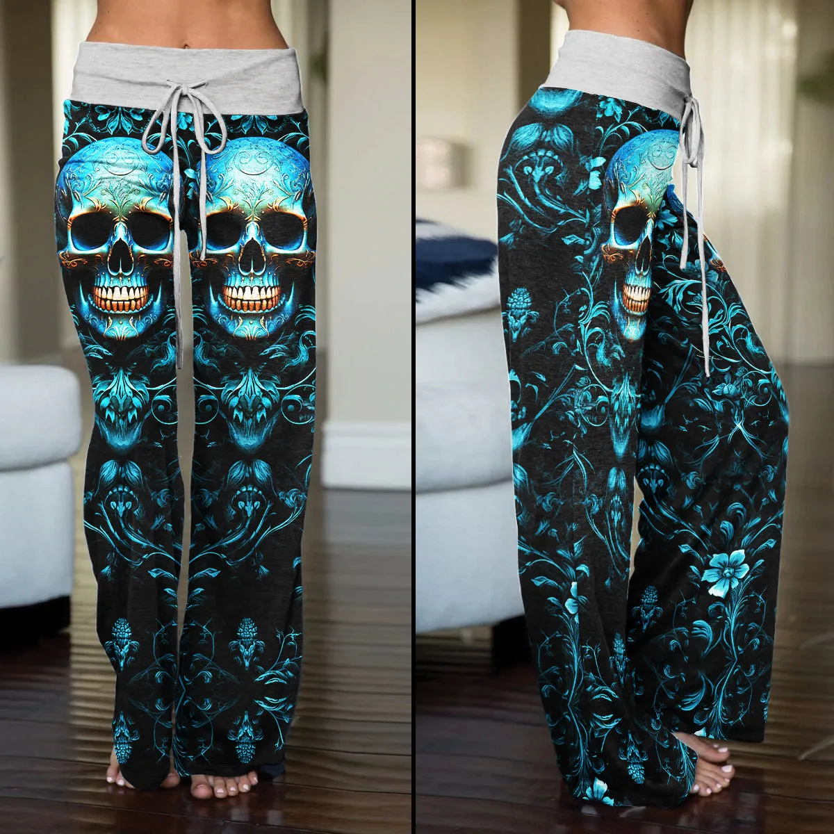 Cyan Skull Floral Gothic Women's High-waisted Wide Leg Pants