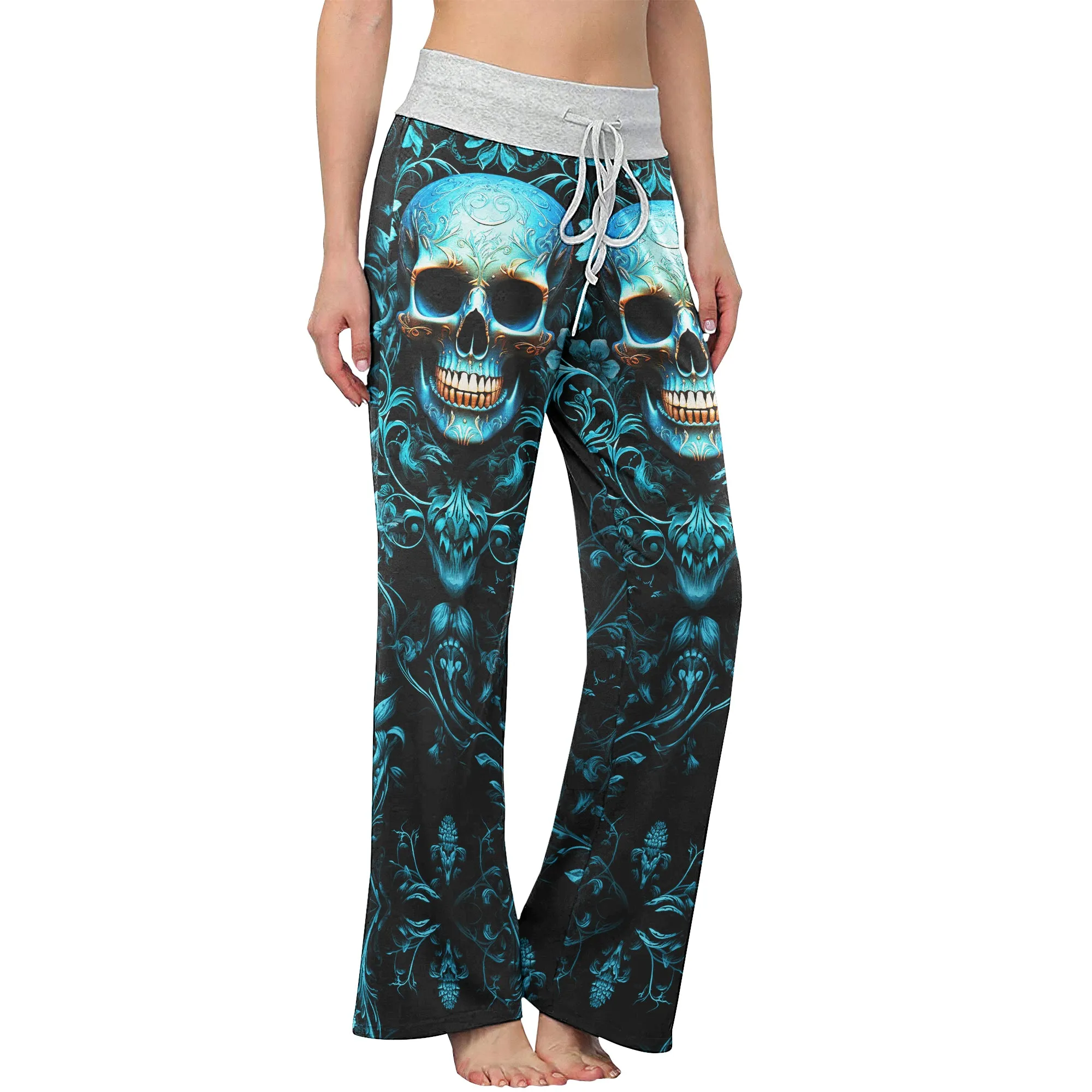 Cyan Skull Floral Gothic Women's High-waisted Wide Leg Pants