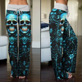 Cyan Skull Floral Gothic Women's High-waisted Wide Leg Pants