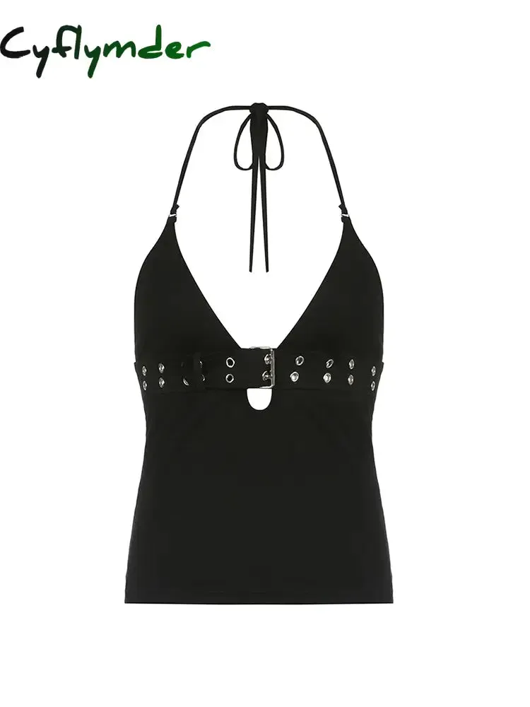 Cyflymder trashy outfits Backless Eyelet Buckle Lace-Up V Neck Halter Crop Vest Top Women Punk Style Gothic Streetwear