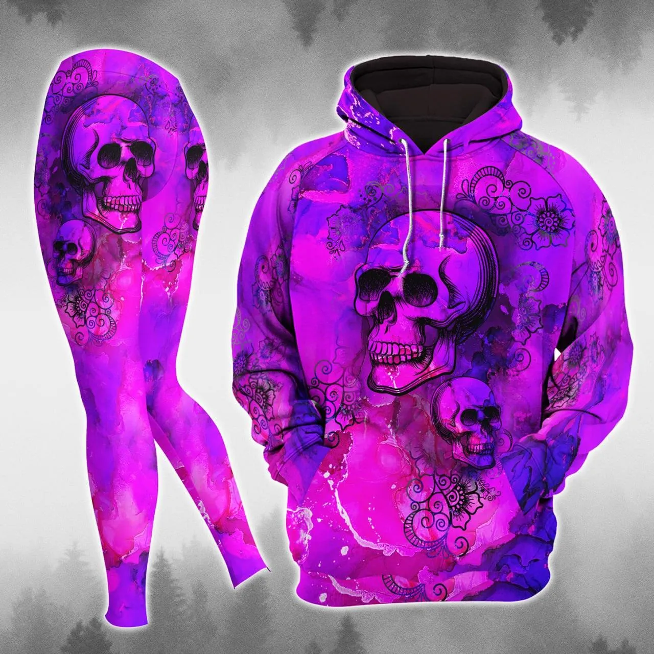 Dark Violet Mandala Skull Artwork Print Combo Hoodie And Leggings