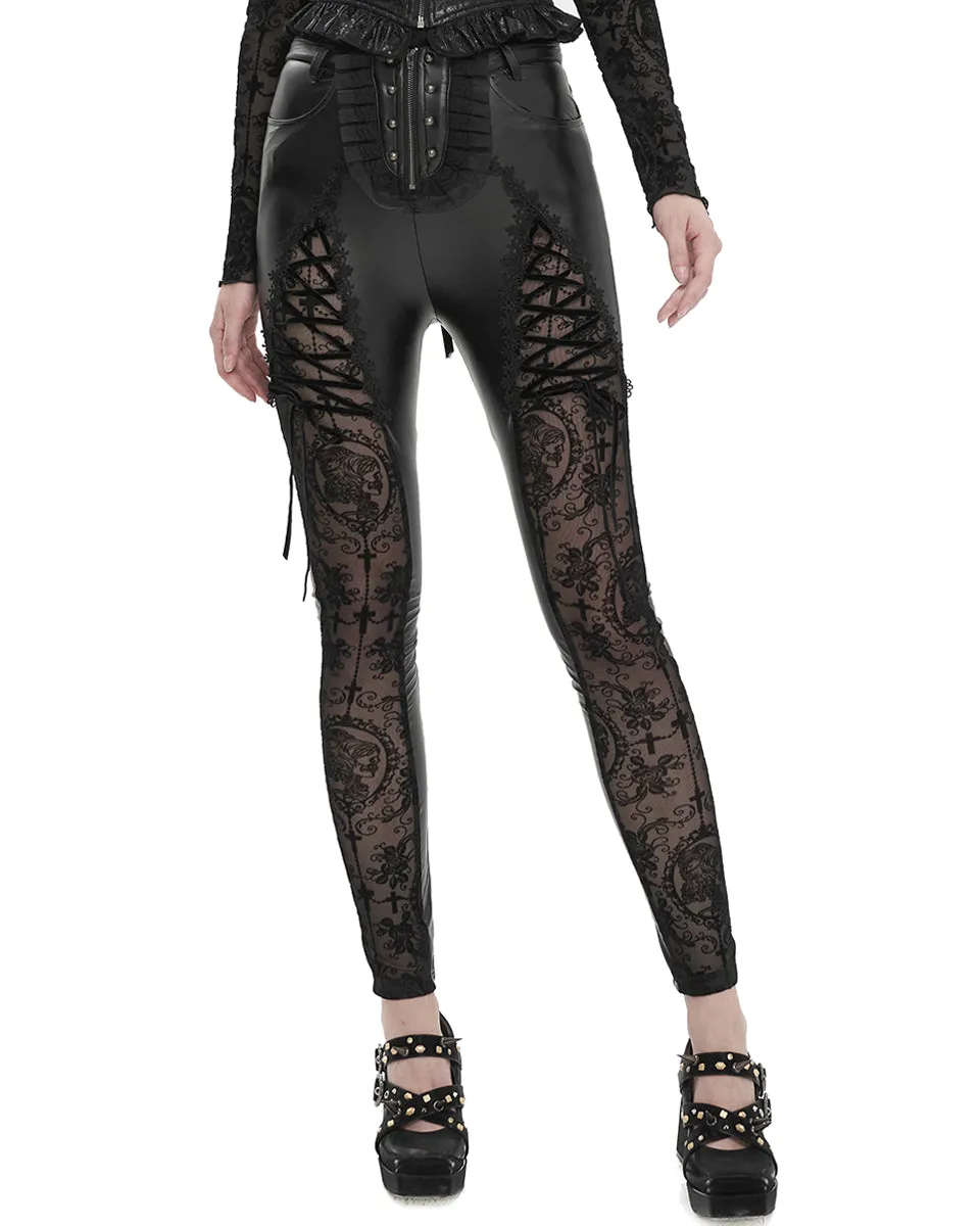 Devil Fashion Womens Gothic Faux Leather Skull Mesh Pants