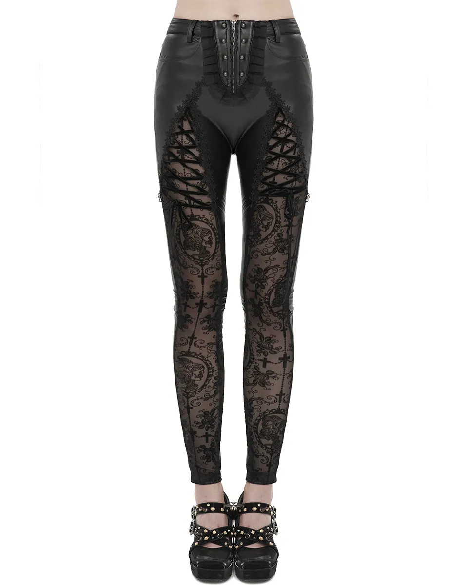 Devil Fashion Womens Gothic Faux Leather Skull Mesh Pants