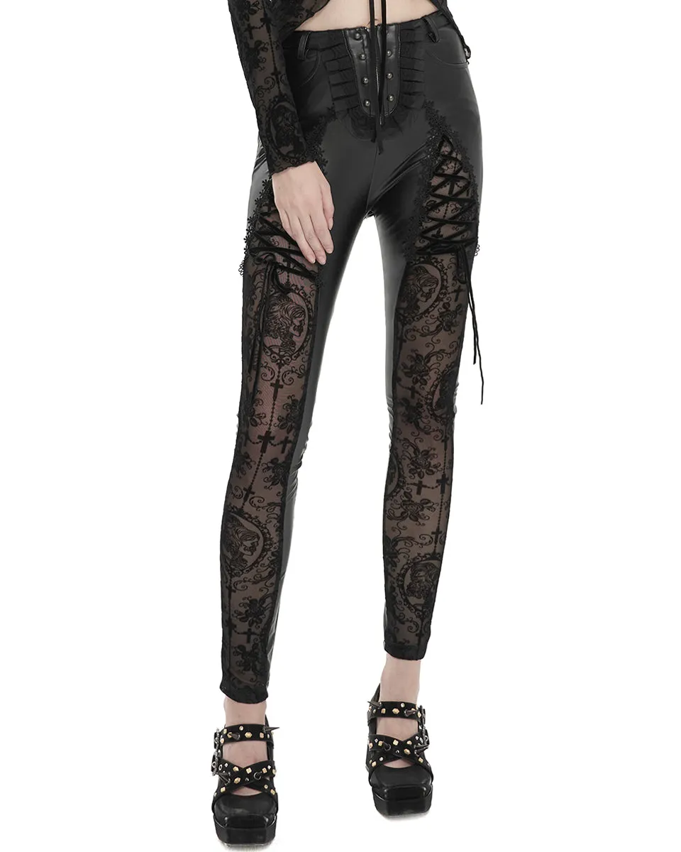 Devil Fashion Womens Gothic Faux Leather Skull Mesh Pants