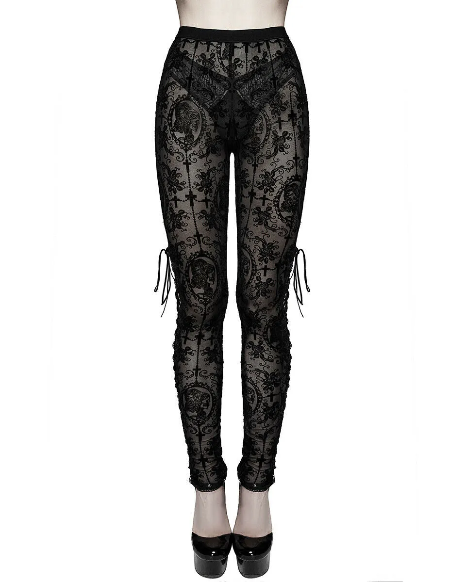 Devil Fashion Womens Sheer Flocked Skull Cameo Leggings