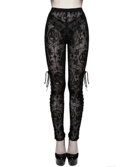 Devil Fashion Womens Sheer Flocked Skull Cameo Leggings