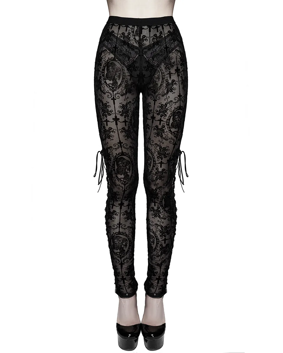 Devil Fashion Womens Sheer Flocked Skull Cameo Leggings