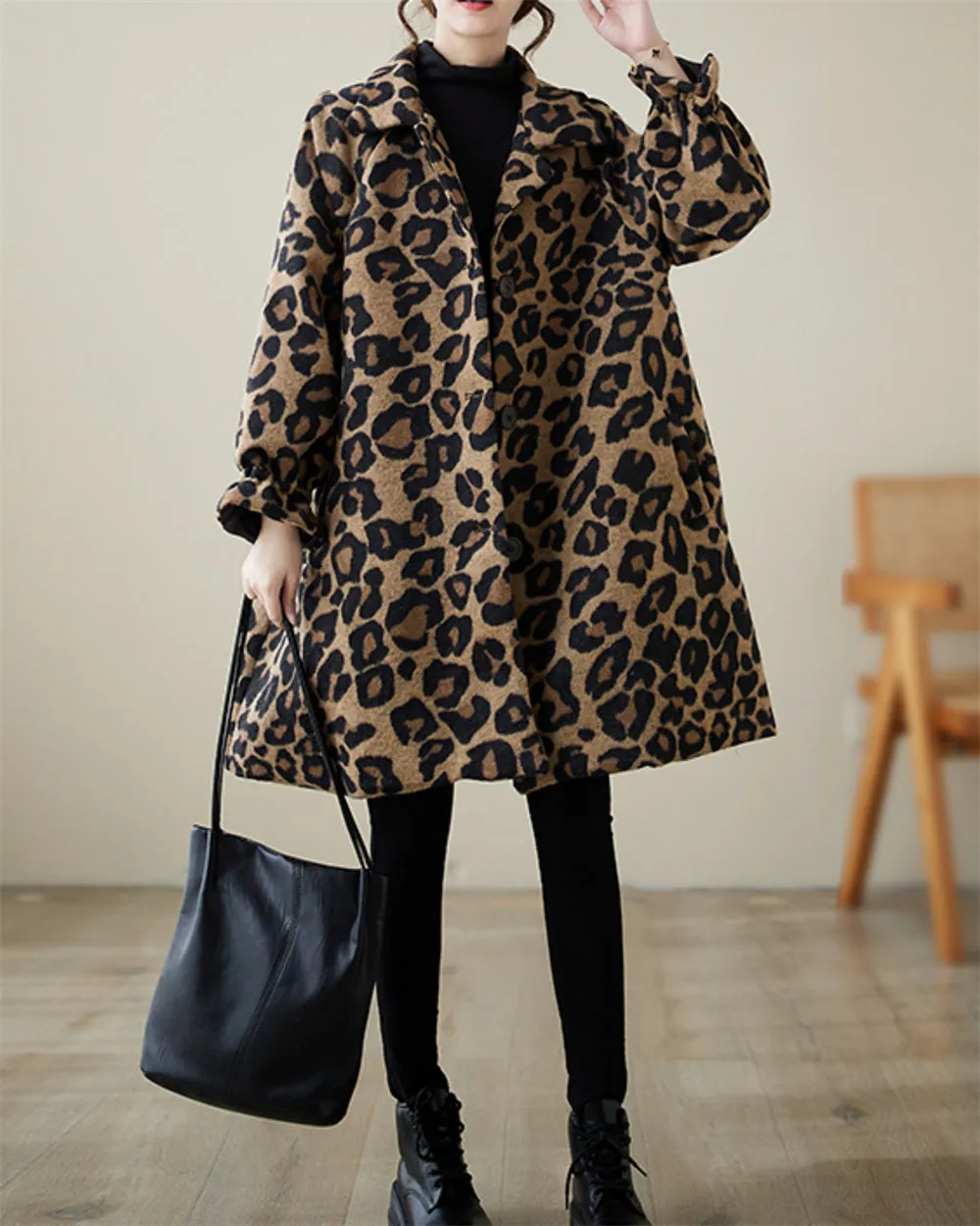 ellazhu Women's Popular Leopard Print Coat Buttons Down Lapel Top GZ72