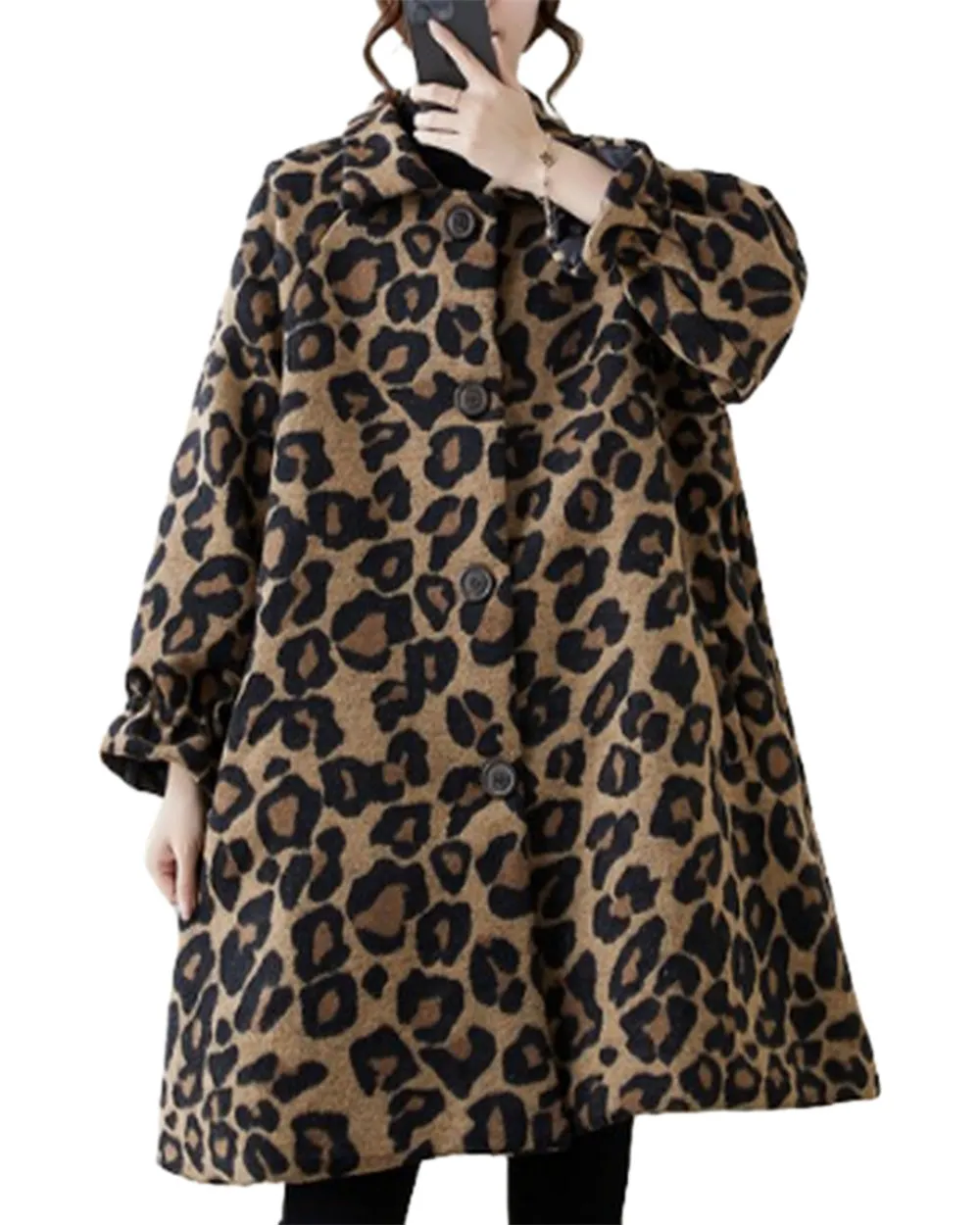 ellazhu Women's Popular Leopard Print Coat Buttons Down Lapel Top GZ72