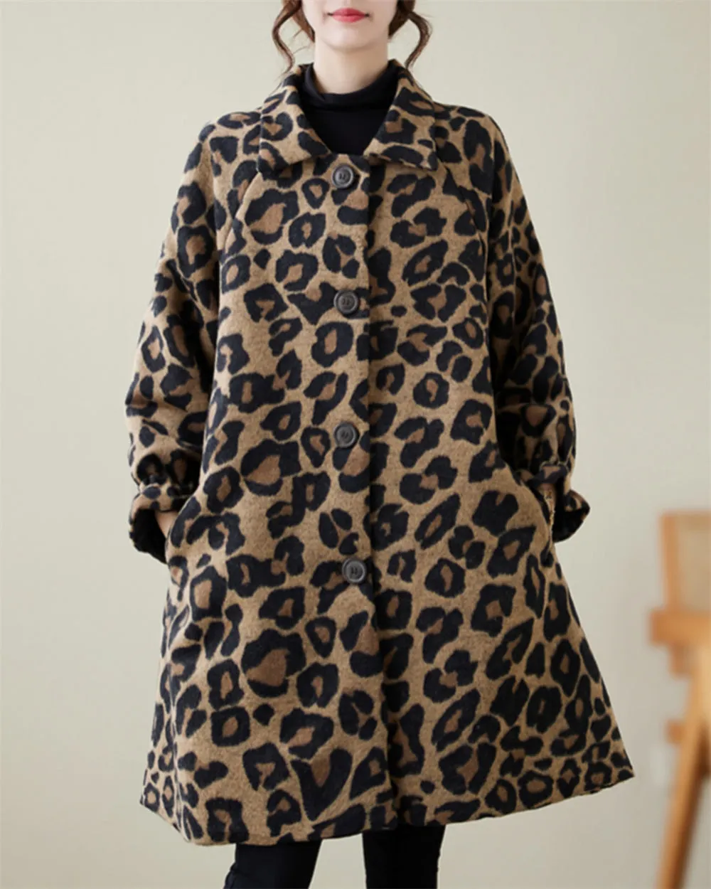 ellazhu Women's Popular Leopard Print Coat Buttons Down Lapel Top GZ72