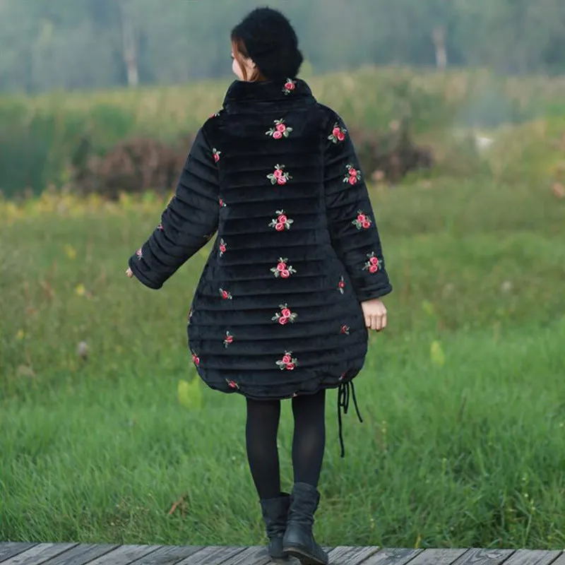 Embroidered Gold Velvet Ethnic Style Overcoat for Women
