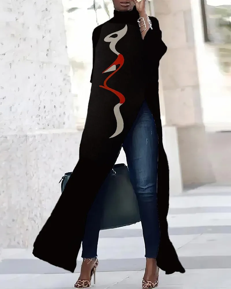 Fashion Personality Red Lips Three-quarter Sleeve Slit T-shirt Dress