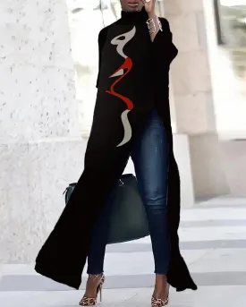 Fashion Personality Red Lips Three-quarter Sleeve Slit T-shirt Dress