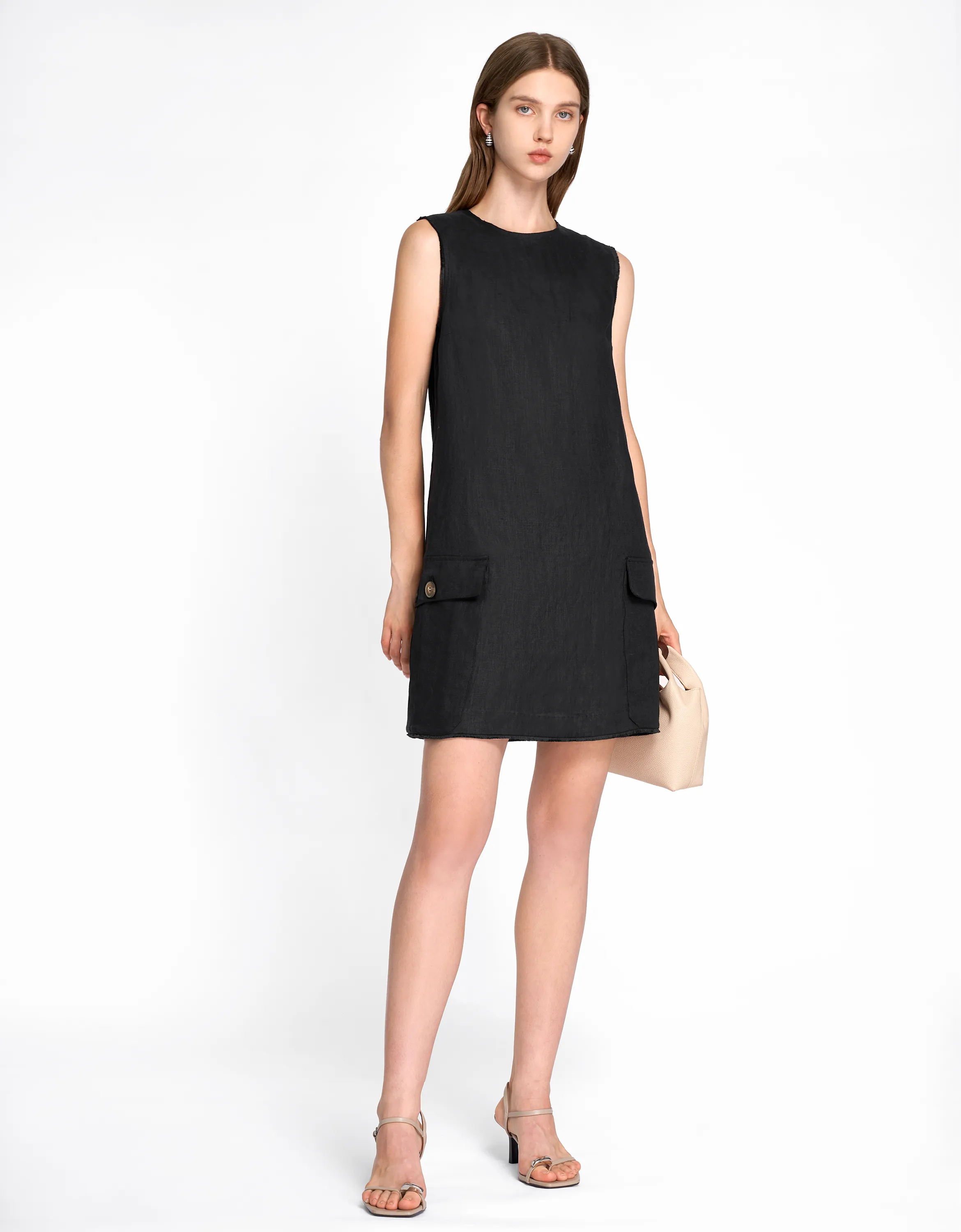 Fringe Trim Flap Pocket Sleeveless Dress