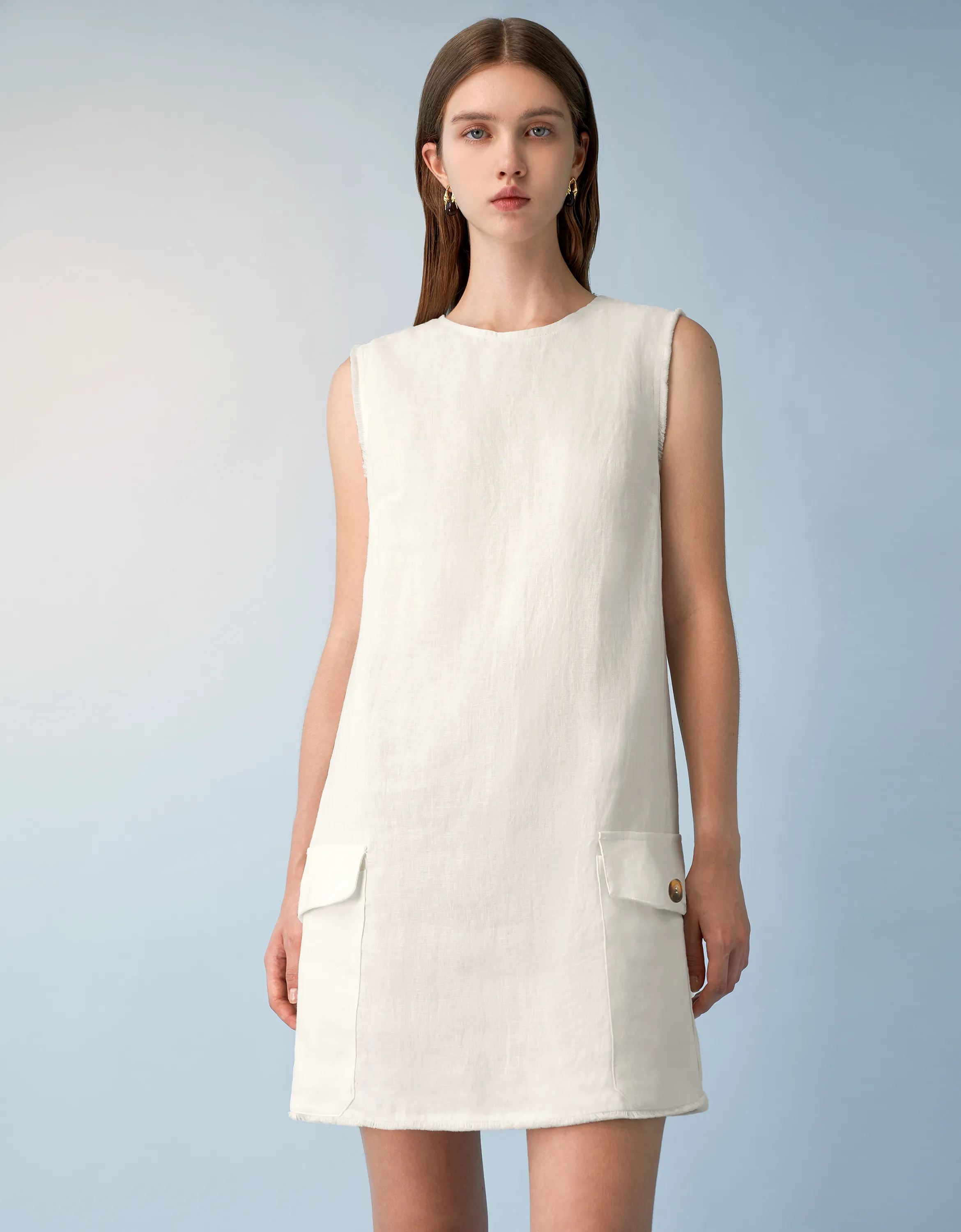 Fringe Trim Flap Pocket Sleeveless Dress