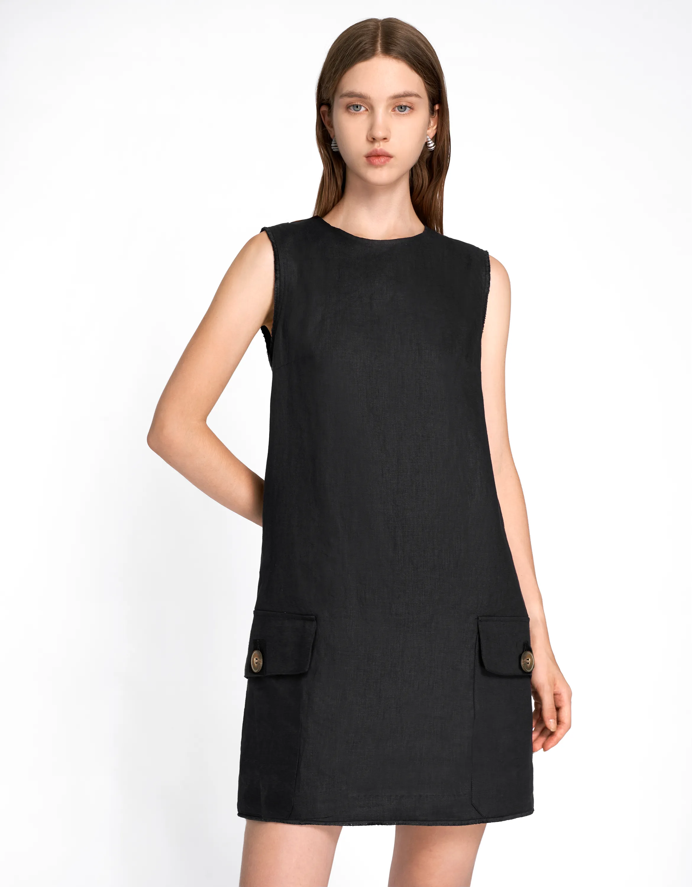 Fringe Trim Flap Pocket Sleeveless Dress