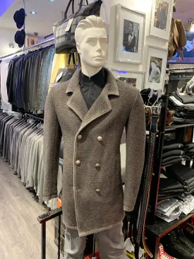 Gimos Over Coat: Grey Taupe Double Breasted Knit Stretch Peacoat 3/4 Length